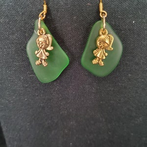 Sea glass earrings green, doll charms, gold finish 1in