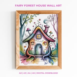 Stampa artistica da parete "Foresta magica", "Casetta delle fate", "Foresta di funghi incantati", tema bosco stampabile, "Casetta delle fiabe", decorazioni da favola