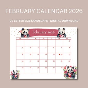 Calendario de febrero, Calendario de San Valentín, Calendario Panda 2026, Calendario Imprimible, Calendario de febrero 2026, Día de San Valentín, Horario Escolar