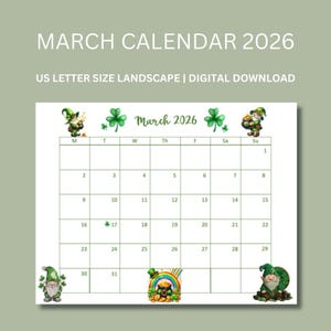 Kalender maart, afdrukbare kalender, Shamrock St Patricks Day, maartplanner, kabouterkabouter, kalender 2026, maandkalender