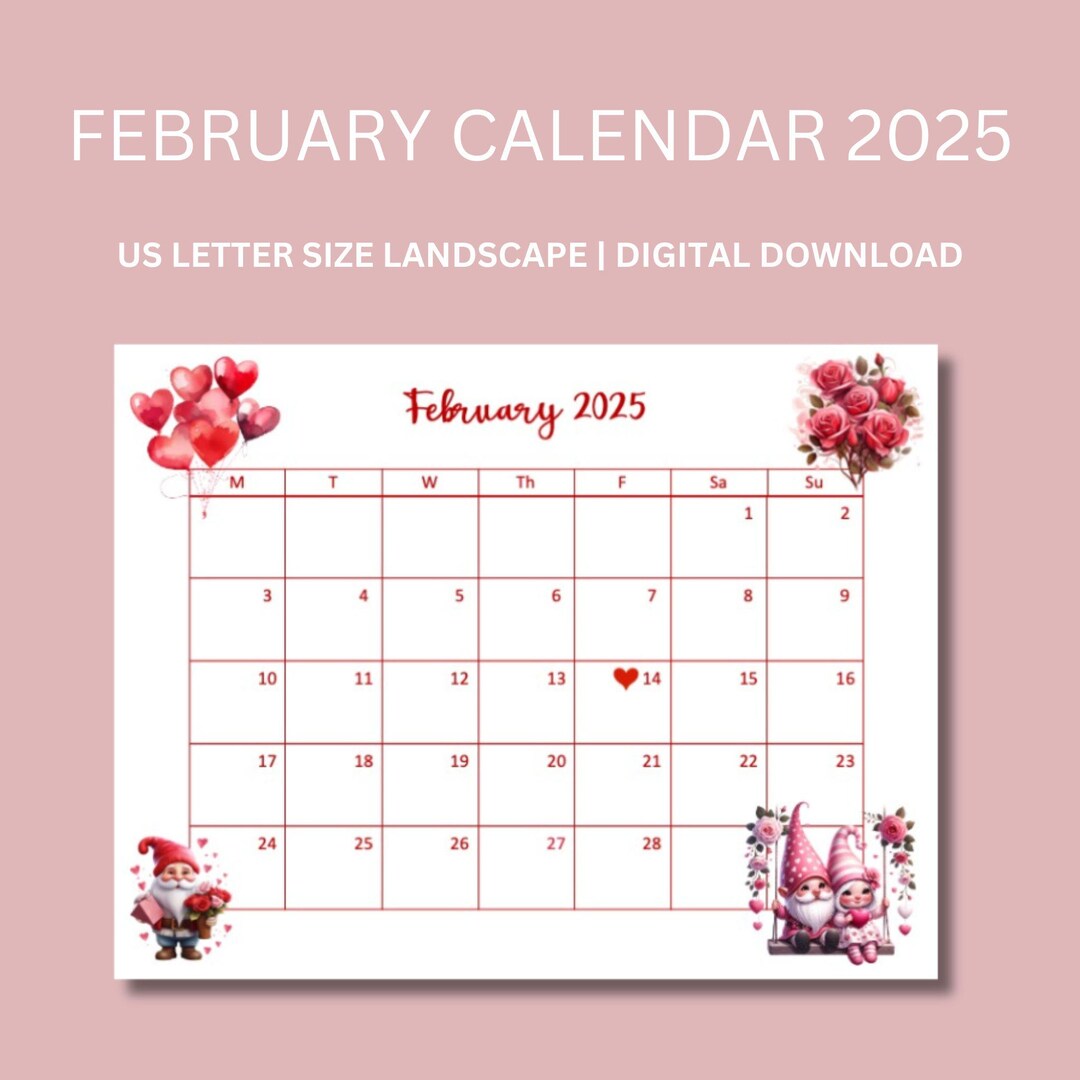 February Calendar, 2025 February Calendar, Downloadable Calendar 2025, Valentines Day Calendar, Valentines Day Gnome, Monday Start Calendar - Etsy february-calendar-2025-february-calendar-downloadable-calendar-2025-valentines-day-calendar-valentines-day-gnome-monday-start-calendar-etsy