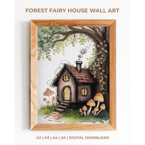 Stampa artistica da parete "Foresta magica", "Casetta delle fate", "Foresta di funghi incantati", tema bosco stampabile, "Casetta delle fiabe", decorazioni da favola