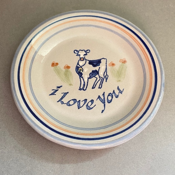 Louisville Stoneware pottery coaster tray sentimental message I LOVE YOU with bovine-cow pattern