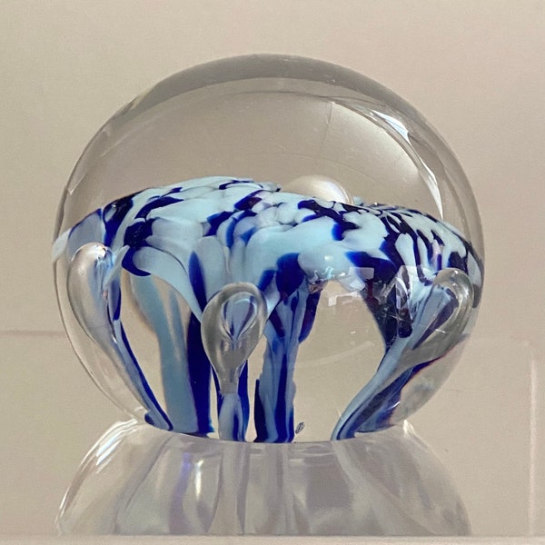 Vintage ZIMMERMAN GLASS paperweight in cobalt blue with crystal clear skillfully handcrafted in 1985 Indiana USA