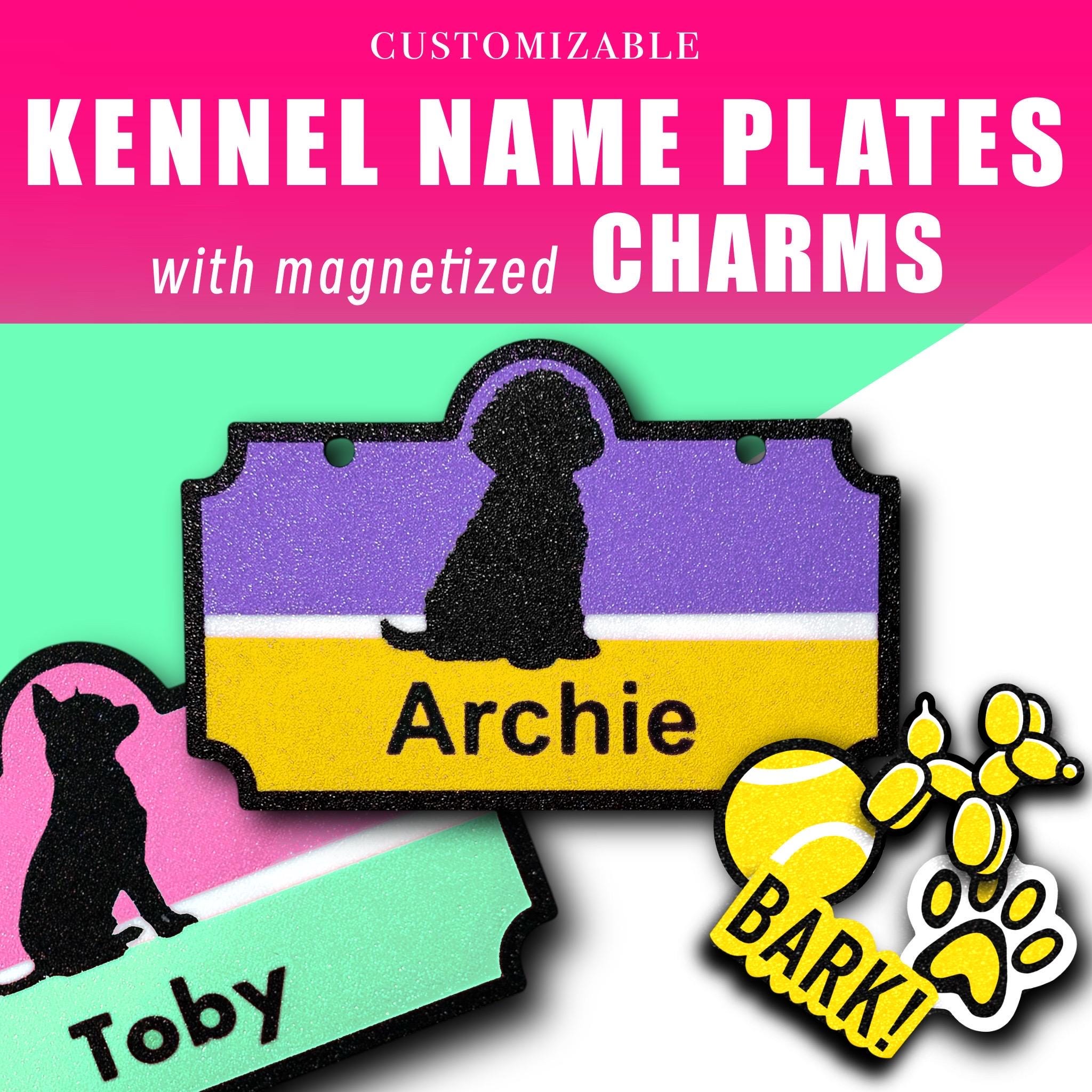 Custom Dog and Pet Kennel Name Plate w/ Magnetic Charms – Personalized Pet Crate Sign, Any Animal or Breed, Custom Colors