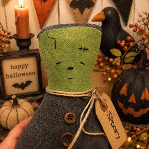 May include: A fabric doll shaped like a monster with a green head featuring stitched facial details and a dark gray body with two brown buttons. A piece of twine is tied around the neck, holding a tan paper tag with the word Spooky written on it.