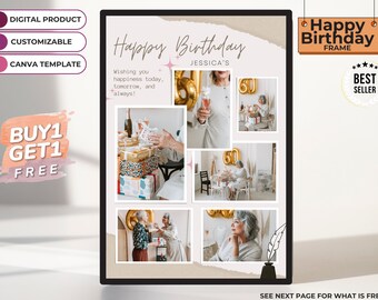 Happy birthday frame (Edit in Canva free), Template, birthday frame buy 1 get 1 free , Print ready pdf, BEST PRICE New  DESIGN.