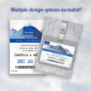 Liftticket bewaar de datum bruiloft uitnodiging sjabloon Canva, ski-thema uitnodigen, bergbruiloft, Colorado bruid, sneeuwbestemming bruiloft