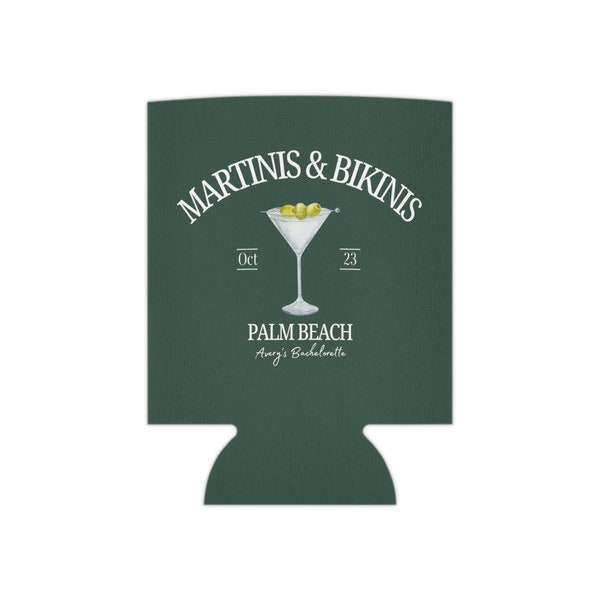 Martinis & Bikinis Bachelorette Koozie, Bachelorette Swag, Editable Event Custom Merch, Personalized Cocktail Koozie, Martini Party Favor