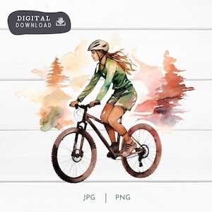 Aquarell Frau Mountainbike Radfahrer digitaler Download PNG und JPG, Abenteuer und MTB Mountainbike digitale Clipart