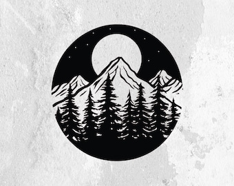 Montaña Luna y Pinos SVG PNG, Montañas Descarga Digital Clipart EPS