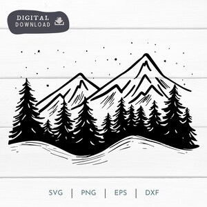 Montagne et pins, nuit étoilée d'hiver PNG SVG, idées de vinyle de montagnes d'hiver