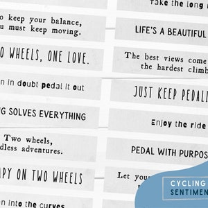 Puede incluir: Un conjunto de diez citas inspiradoras sobre ciclismo, impresas en tarjetas blancas con texto negro. Las citas incluyen "Dos ruedas, un amor", "El ciclismo lo soluciona todo" y "La vida es un viaje hermoso".