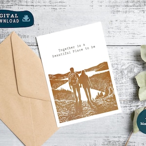 Jubiläumspaar Abenteuer druckbare Karte PDF, Wandern Paar Jubiläumskarte Druck digitale Datei
