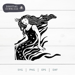 Mermaid Sea Sirene Linolschnitt Stil SVG Schnitt, PNG, Sea Siren Mermaid Clipart Digital Download