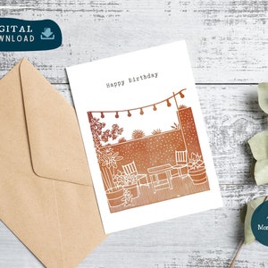 Cartão para impressão em branco de feliz aniversário PDF, arquivo digital para impressão de cartão de jardim de plantas de outono ao ar livre