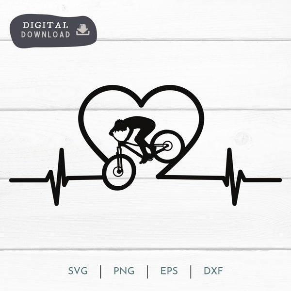 MTB Heartbeat Mountain Bike Cyclist SVG PNG, I Love Biking and Cycling Heart Digital Clipart