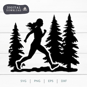 Running Girl arbre à feuilles persistantes SVG, courir, coureur, forêt numérique Clipart