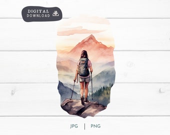 Aquarelle Woman Hiker Digital Download PNG et JPG, Adventure and Trail Hiking Mountain Digital Clipart