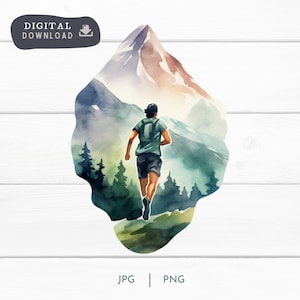 Watercolor Man Runner Digital Download PNG and JPG, Adventure and Trail Running Mountain Digital Clipart