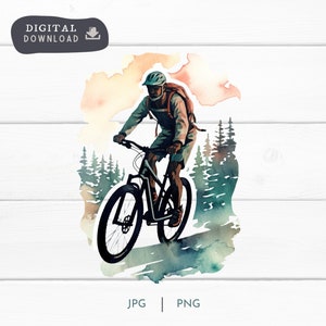 Aquarell Mann Mtb Mountainbike Radfahrer digitaler Download PNG und JPG, Abenteuer und MTB Mountainbike digitale Clipart