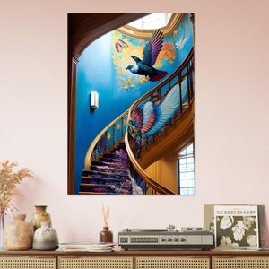 Art mural en carton plume, images créées par intelligence artificielle. Décoration murale différentes tailles. Titre: Magic stairs