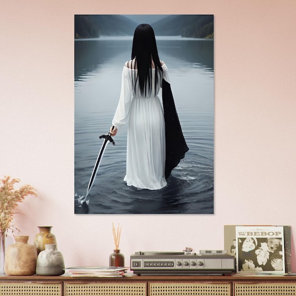 Feather cardboard wall art, images created by artificial intelligence, Wall decoration different sizes. Title: The Lady of the Lake 2023