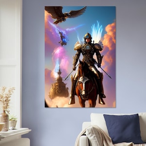 Art mural en carton plume, images créées par intelligence artificielle. Décoration murale différentes tailles. Titre: Fière chevalière