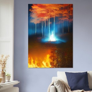 Art mural en carton plume, images créées par intelligence artificielle. Décoration murale différentes tailles. Titre: Blue wooden fire