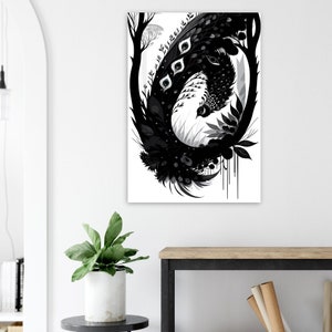 Art mural en carton plume, images créées par intelligence artificielle. Décoration murale différentes tailles. Titre: Le paon noir