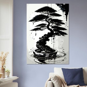Art mural en carton plume, images créées par intelligence artificielle. Décoration murale différentes tailles. Titre: Ink Bonsai
