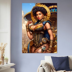 Art mural en carton plume, images créées par intelligence artificielle. Décoration murale différentes tailles. Titre:Steampunk African queen