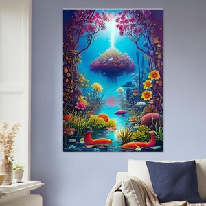 Art mural en carton plume, images créées par intelligence artificielle. Décoration murale différentes tailles. Titre: Arbre de vie aqua