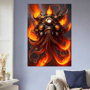 Art mural "Burning robot pieuvre" en carton plume, image créée par intelligence artificielle, différentes tailles.