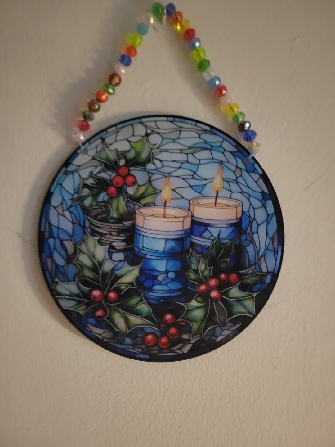 The Plexiglass acrylic Stained Glass ''2 Candles Suncatcher ,hanger is Beaded Etsy