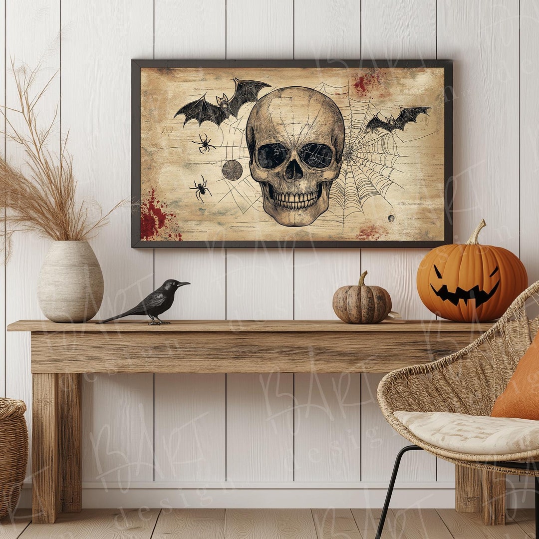 Vintage Skull With Spider Webs and Bats Creepy Halloween Frame TV Art ...