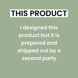 May include: Text on a green background that reads "THIS PRODUCT I designed this product but it is prepared and shipped out by a second party."