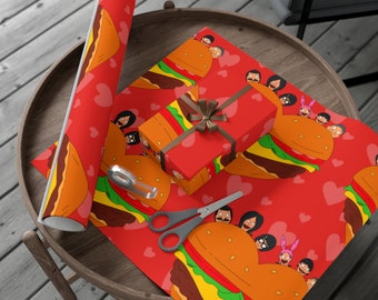 Bob's Burgers Wrapping Paper | Burger Heart Gift Wrap Papers Teddy Linda Bob Tina Louise Gene For her For Him Mother's Day Father's Day Vday