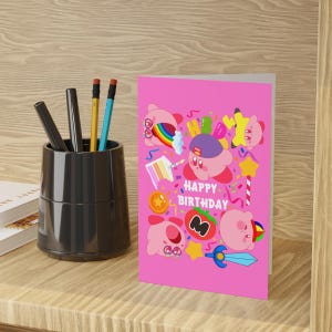 Kirby-verjaardagskaart | Kirby Verjaardagskaart Wenskaarten Leuk voor haar Voor hem Viering Sterren Roze verjaardag Videogame Schattig Kawaii