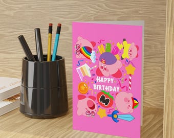 Tarjeta de cumpleaños de Kirby / Tarjeta de feliz cumpleaños de Kirby Tarjetas de felicitación Lindas Para ella Para él Celebración Estrellas Rosa Cumpleaños Videojuego Lindo Kawaii