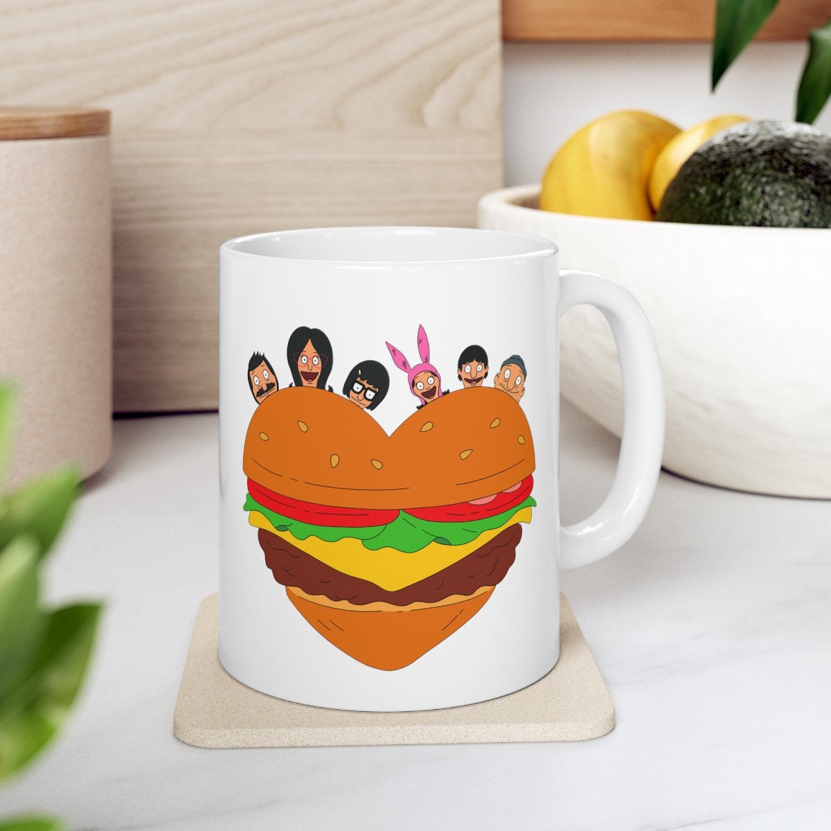 Bob's Burgers Mug | Valentine's Day Bob's Burgers Ceramic Mug 11oz Tina Louise Gene Linda Bob Belcher Burger Heart Gift For Her For Him