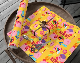 Kirby Wrapping Paper | Kirby Gift Wrap Papers Birthday Celebration Gift For Her For Him Yellow Pink Cute Adorable