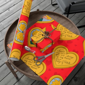 May include: Red wrapping paper with a heart-shaped frame featuring a cartoon character with blonde hair and the text "Arnold, my soul, you are always in my heart. Love, Helga G. Pataki".