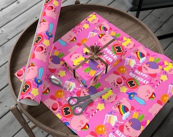 Kirby Birthday Wrapping Paper | Kirby Gift Wrap Papers Happy Birthday For Her For Him Bday Celebration Gift Cute Kawaii Adorable Kirby