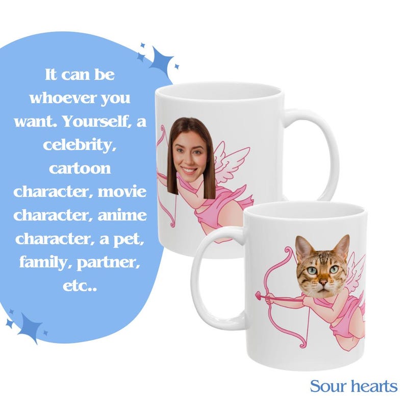 Taza de cerámica personalizada con cara de Cupido para San Valentín, para ella, para él, para San Valentín, amor, cumpleaños, regalo divertido, gracioso, bonito, regalo de broma, ángel rosa. imagen 2