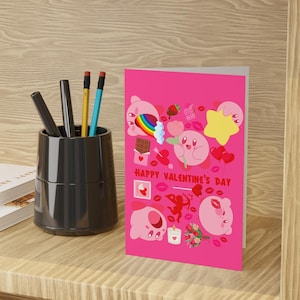 Kirby Valentinstag Karte | Vday Grußkarten Für Sie Für Ihn Niedlich Rosa Blumen Rose Sterne Amor Liebe Familie Bff Besties Amour