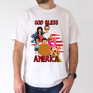 Dio benedica l'America Bob's Burgers T-shirt / 4 luglio Bob's Burgers T-shirt unisex in ultra cotone con bandiera rossa bianca blu e fumetto patriottico