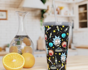 Rick And Morty Becher | Rick Morty Plastikbecher mit Trinkhalm