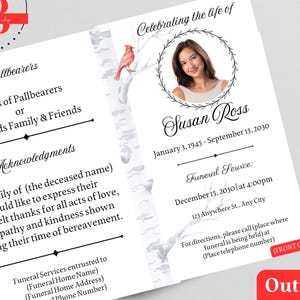 Plantilla de anuncio de funeral de celebración de la vida de un cardenal, plantilla de programa funerario, descarga instantánea "En memoria amorosa", plantilla de Canva
