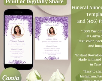 Purple Floral Celebration of Life Funeral Announcement Template, Funeral Program Template, In Loving Memory instant download, canva template